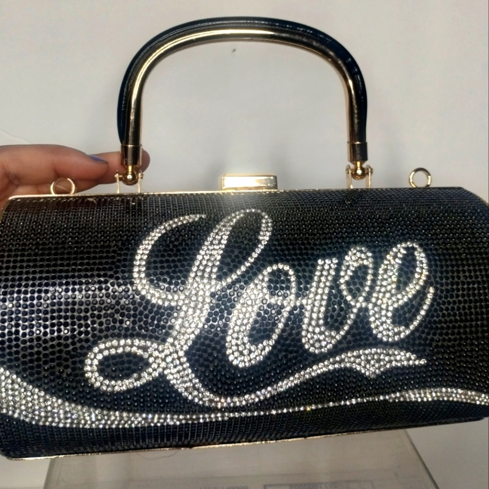 Circular Glitter Love Top Handle Bag, Black Gold Sliver NTW